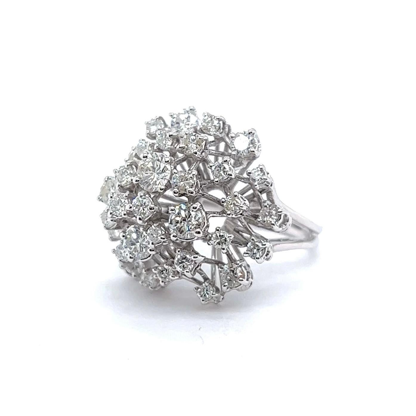 Women's or Men's Mid Century 4.00 Carats Brilliant Cut Diamonds Platinum Cluster Cocktail Ring