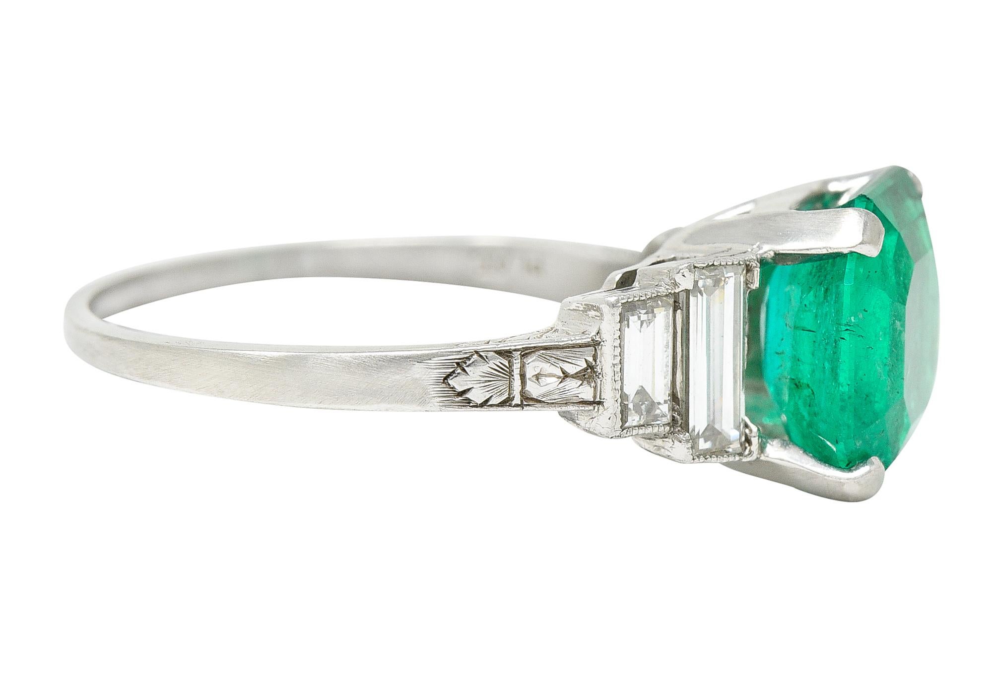 Octagon Cut Mid-Century 4.03 Carats Colombian Emerald Diamond Platinum Cocktail Ring GIA