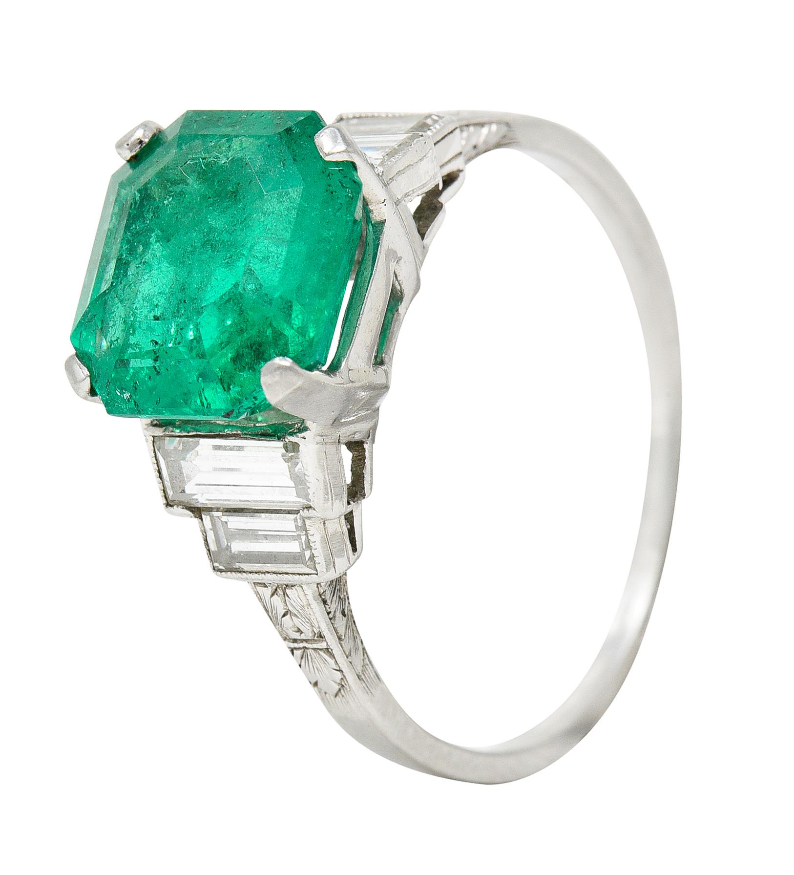 Mid-Century 4.03 Carats Colombian Emerald Diamond Platinum Cocktail Ring GIA 4