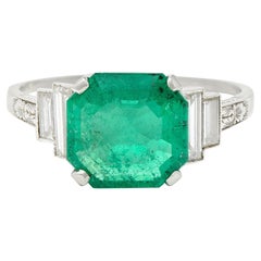 Mid-Century 4.03 Carats Colombian Emerald Diamond Platinum Cocktail Ring GIA