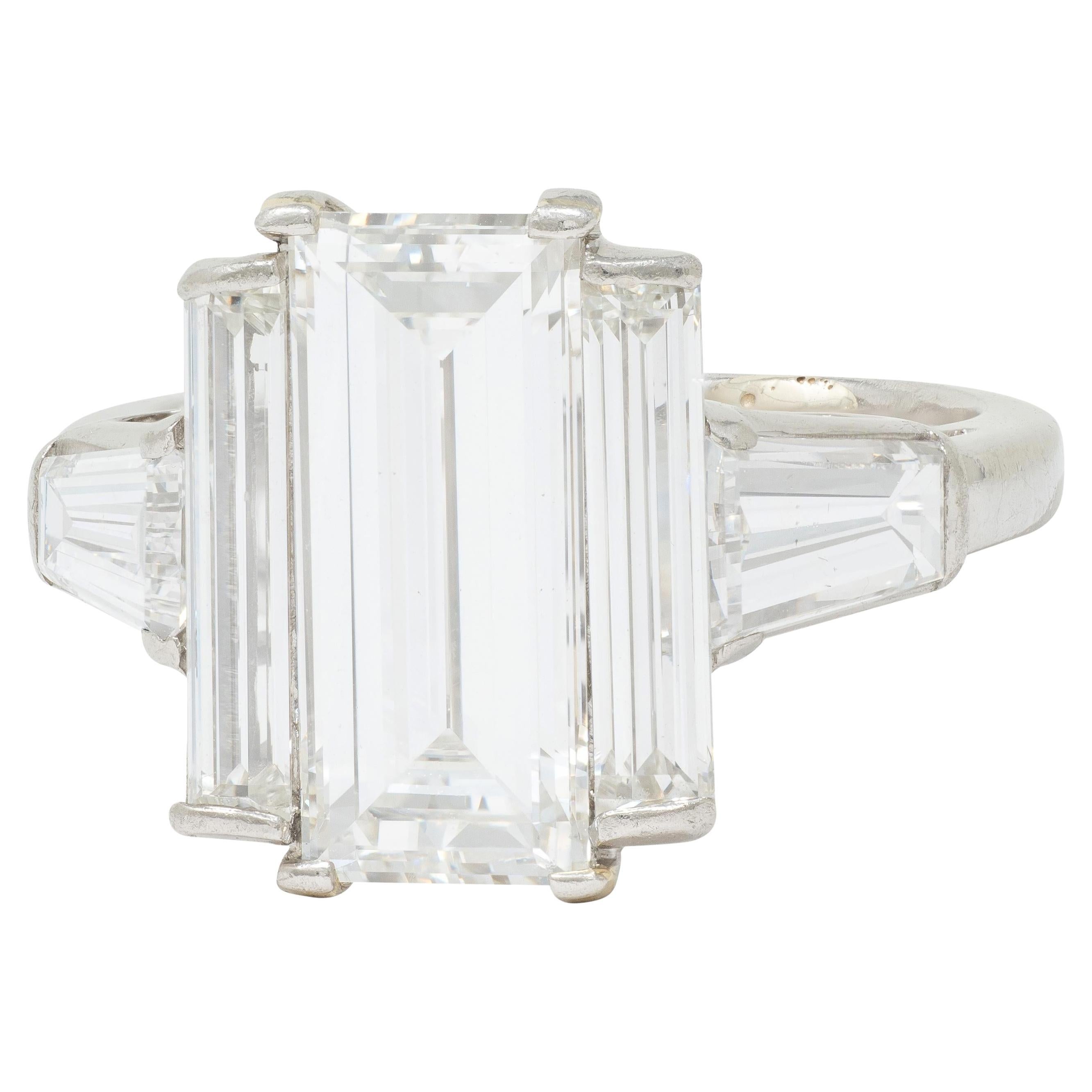 Mid-Century 4.03 CTW Diamond Platinum Vintage Three Stone Engagement Ring GIA For Sale