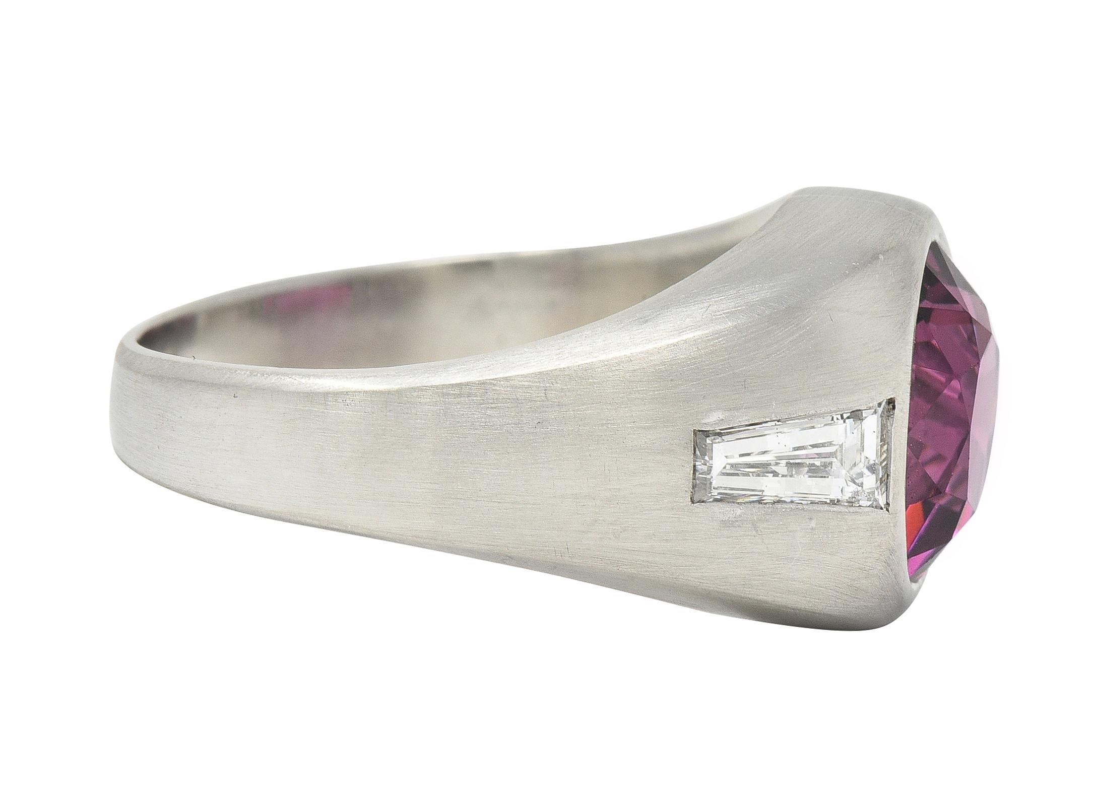 Tapered Baguette Mid-Century 4.12 CTW Garnet Diamond Platinum Vintage Unisex Signet Ring For Sale
