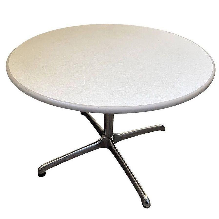 Mid-Century Modern Mid-century 42″ Round Laminate Grey Dining Table w/ Chrome Base by Steelcase For Sale