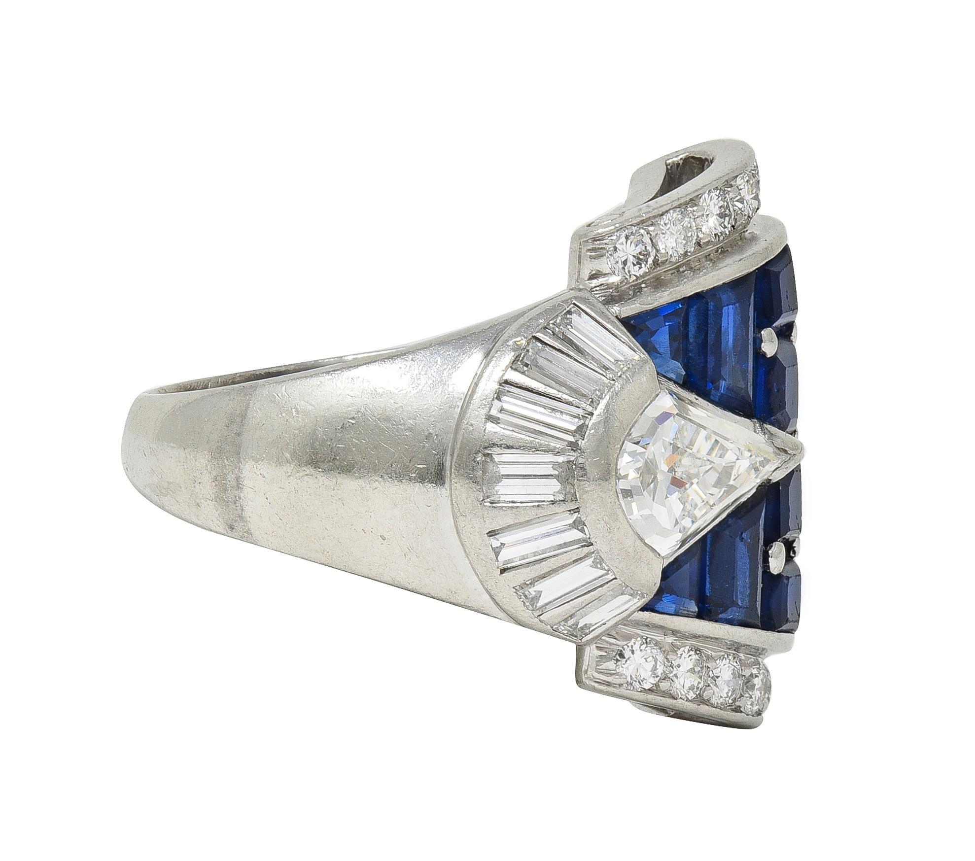Art Déco Mid-Century 4.20 CTW Sapphire Diamond Platinum Vintage Buckle Band Ring in vendita