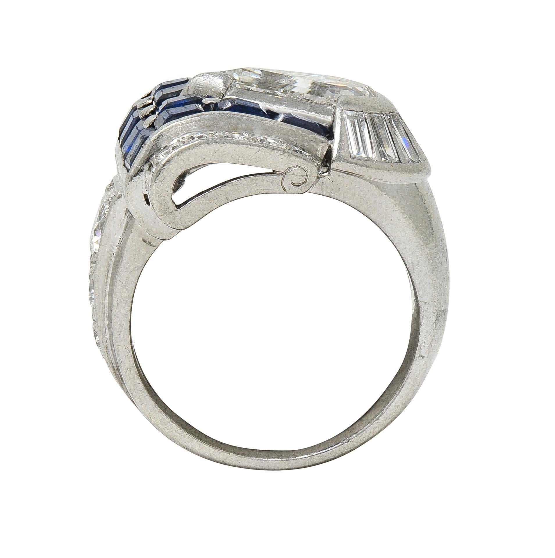 Taglio misto Mid-Century 4.20 CTW Sapphire Diamond Platinum Vintage Buckle Band Ring in vendita