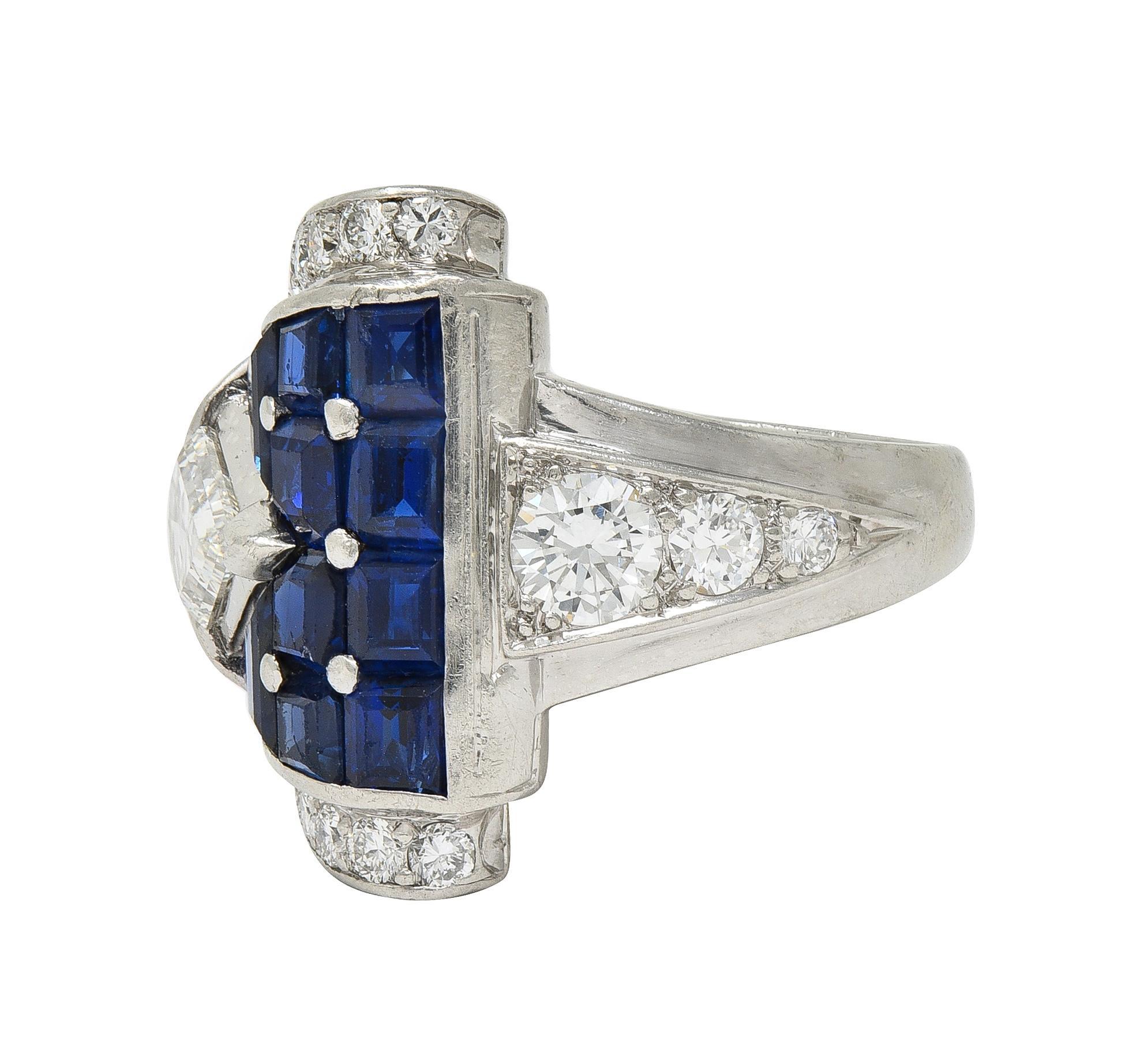 Mid-Century 4.20 CTW Sapphire Diamond Platinum Vintage Buckle Band Ring In condizioni ottime in vendita a Philadelphia, PA