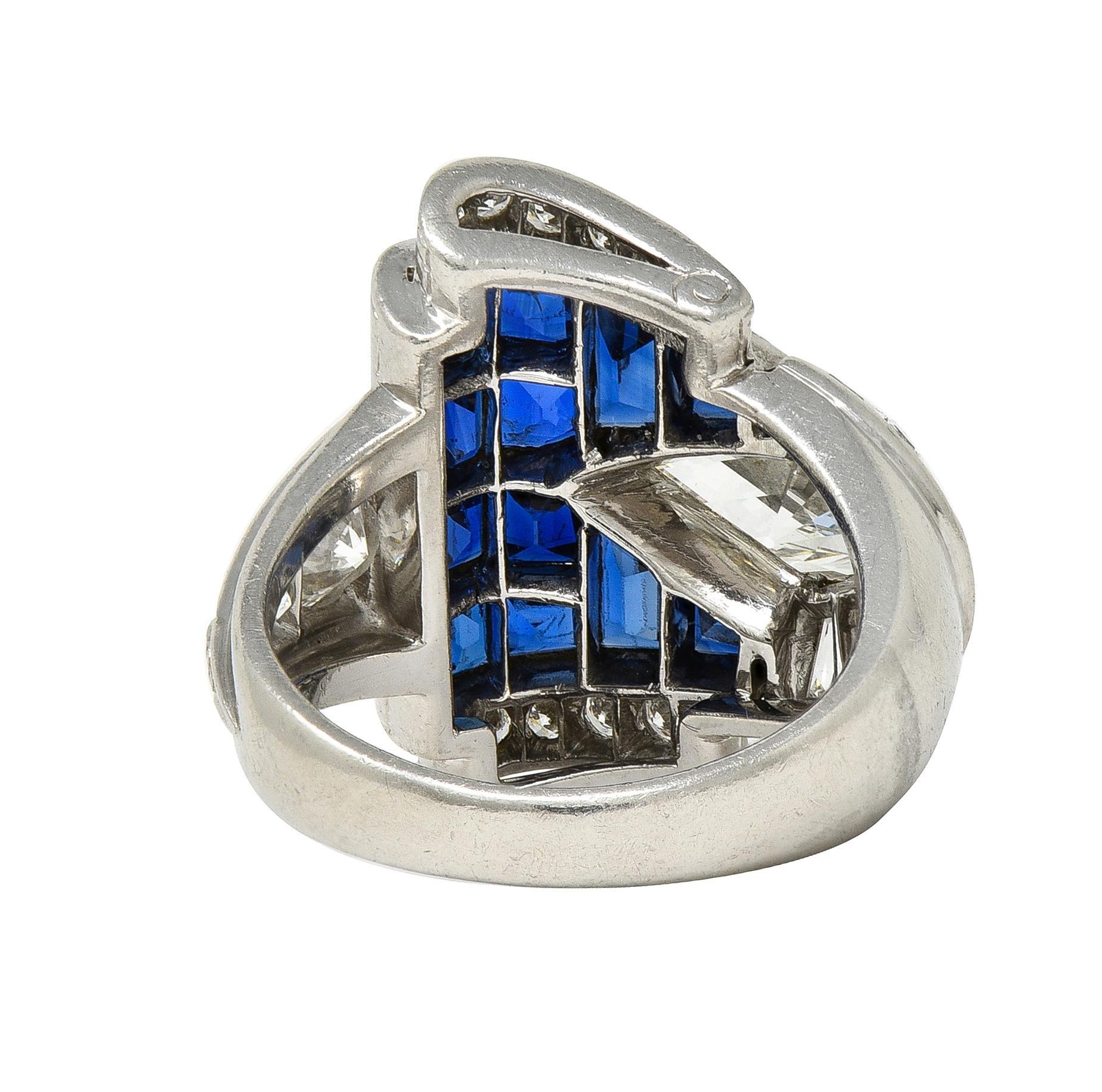 da uomo o donna Mid-Century 4.20 CTW Sapphire Diamond Platinum Vintage Buckle Band Ring in vendita