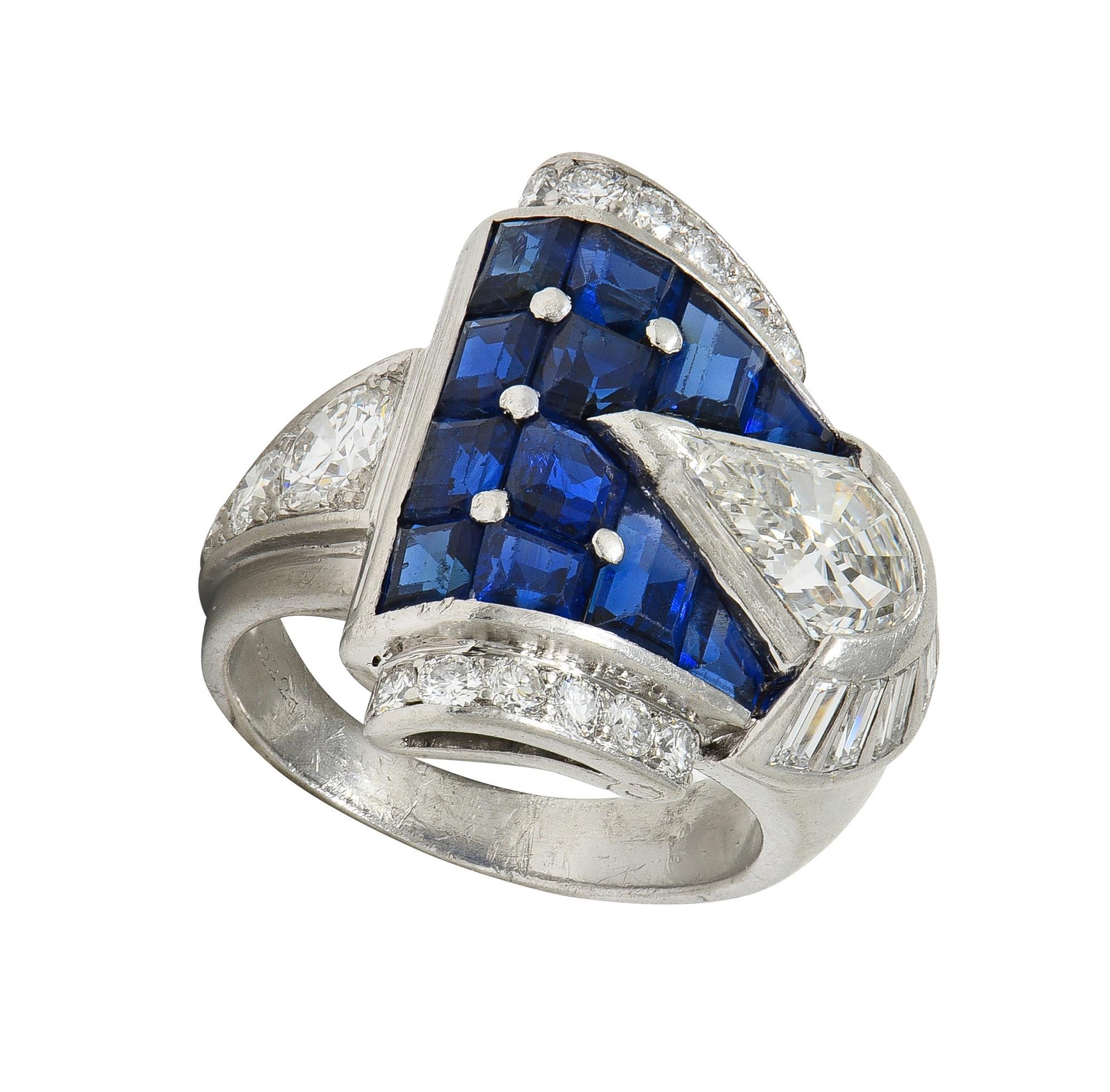 Mid-Century 4.20 CTW Sapphire Diamond Platinum Vintage Buckle Band Ring in vendita 1