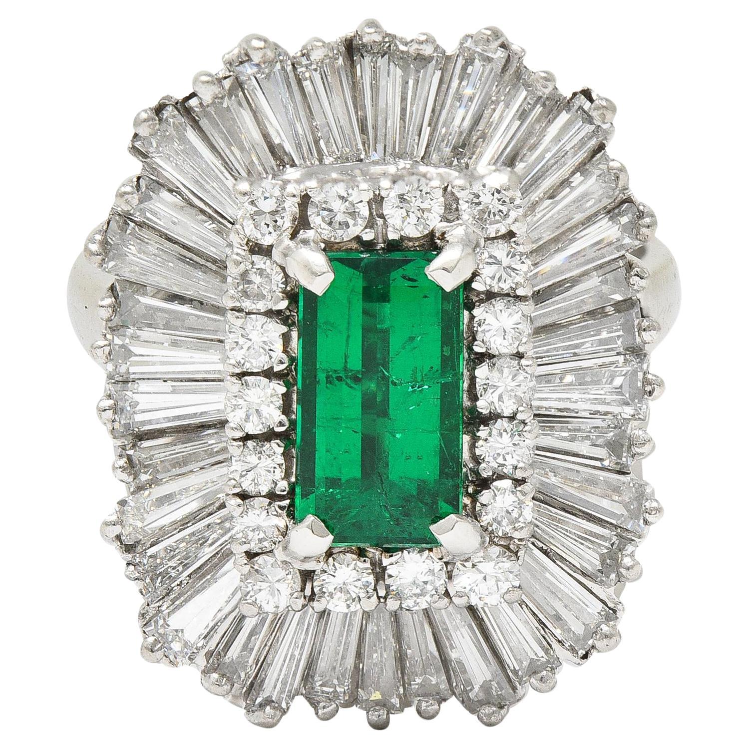 Mid-Century 4.22 CTW Colombian Emerald Diamond Platinum Convertible Ring GIA For Sale