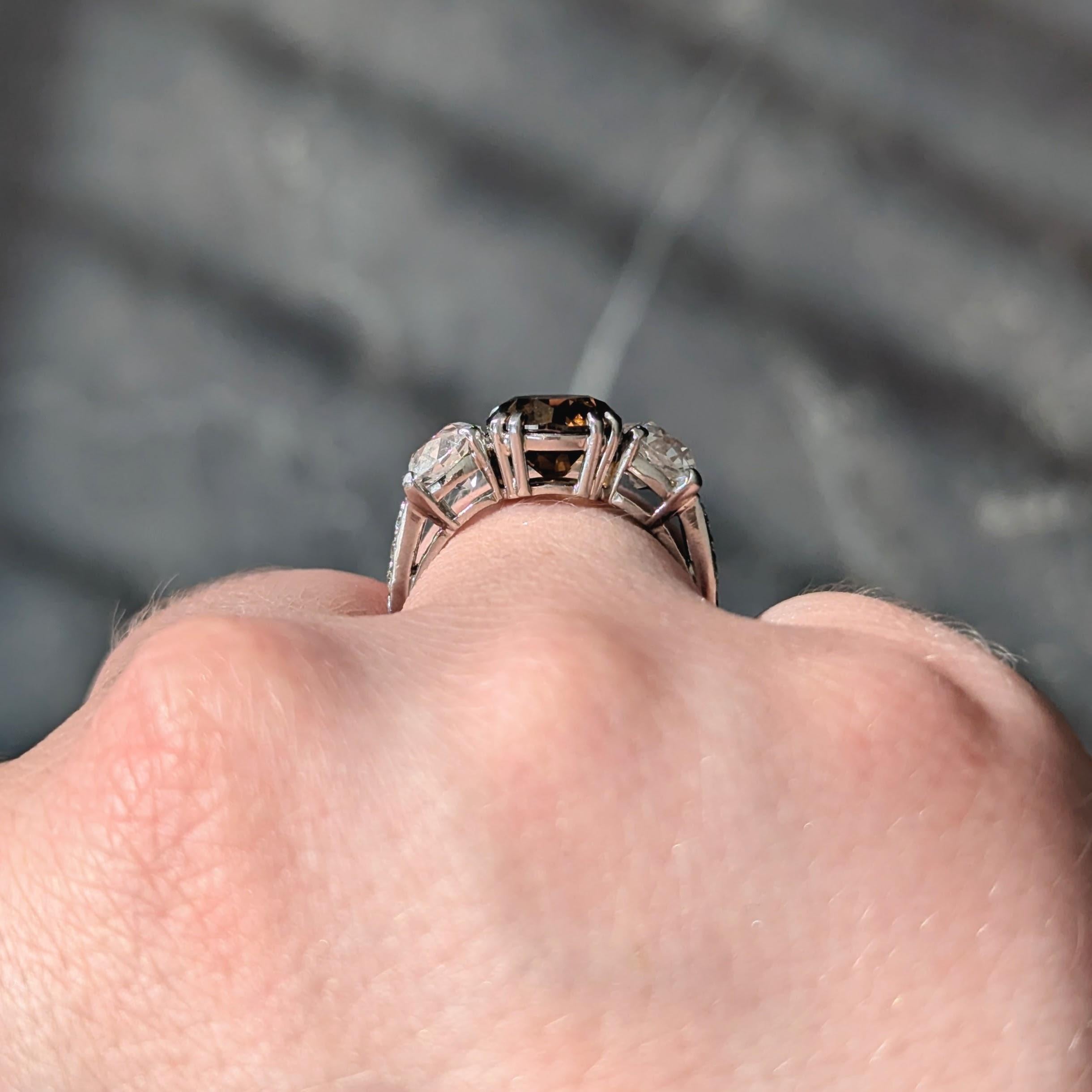 Mid-Century 4.25 CTW Fancy Orangy Brown Diamond Platinum Vintage Engagement Ring For Sale 5