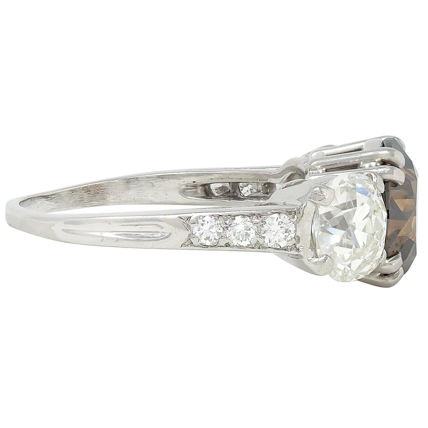 Old European Cut Mid-Century 4.25 CTW Fancy Orangy Brown Diamond Platinum Vintage Engagement Ring For Sale