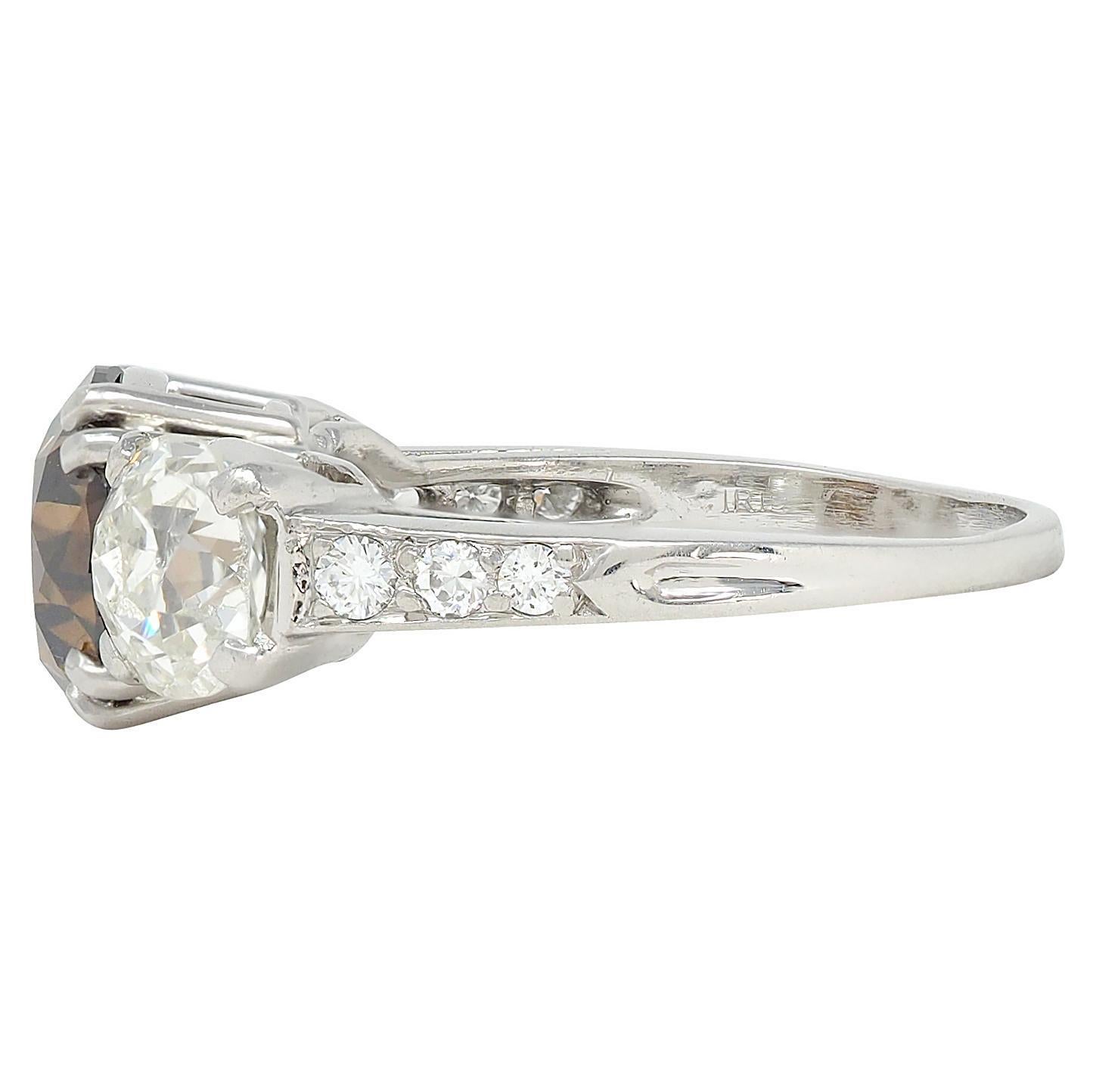 Women's Mid-Century 4.25 CTW Fancy Orangy Brown Diamond Platinum Vintage Engagement Ring For Sale
