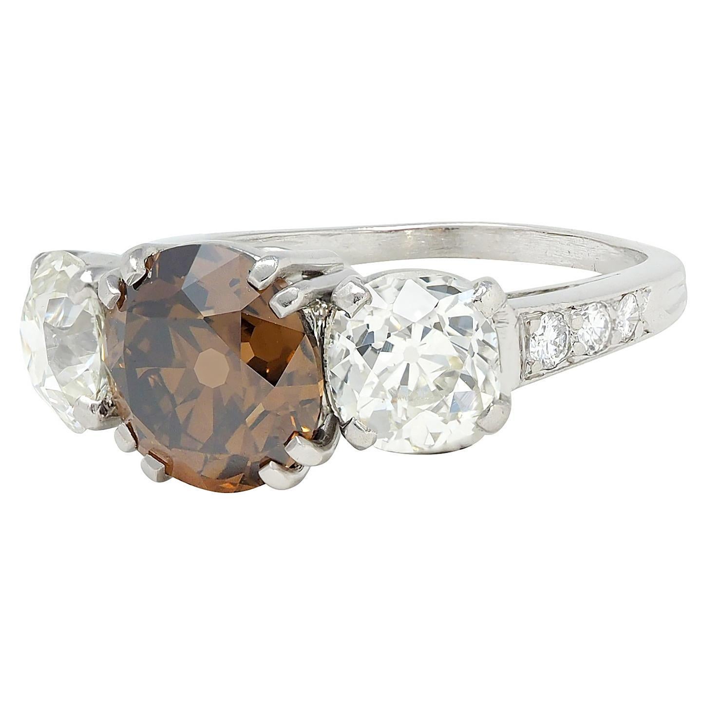Mid-Century 4.25 CTW Fancy Orangy Brown Diamond Platinum Vintage Engagement Ring For Sale 1