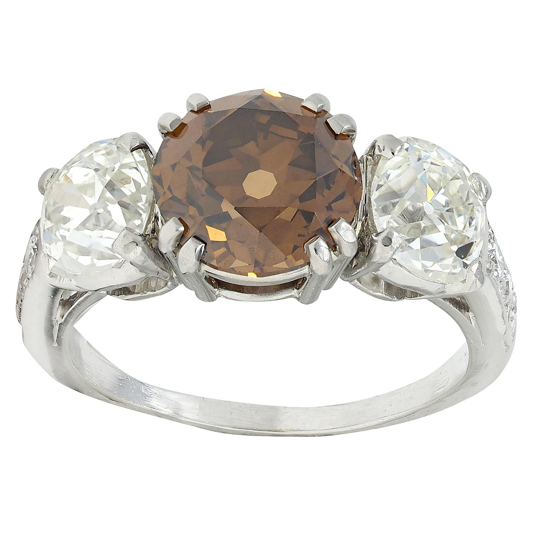 Mid-Century 4.25 CTW Fancy Orangy Brown Diamond Platinum Vintage Engagement Ring For Sale 2