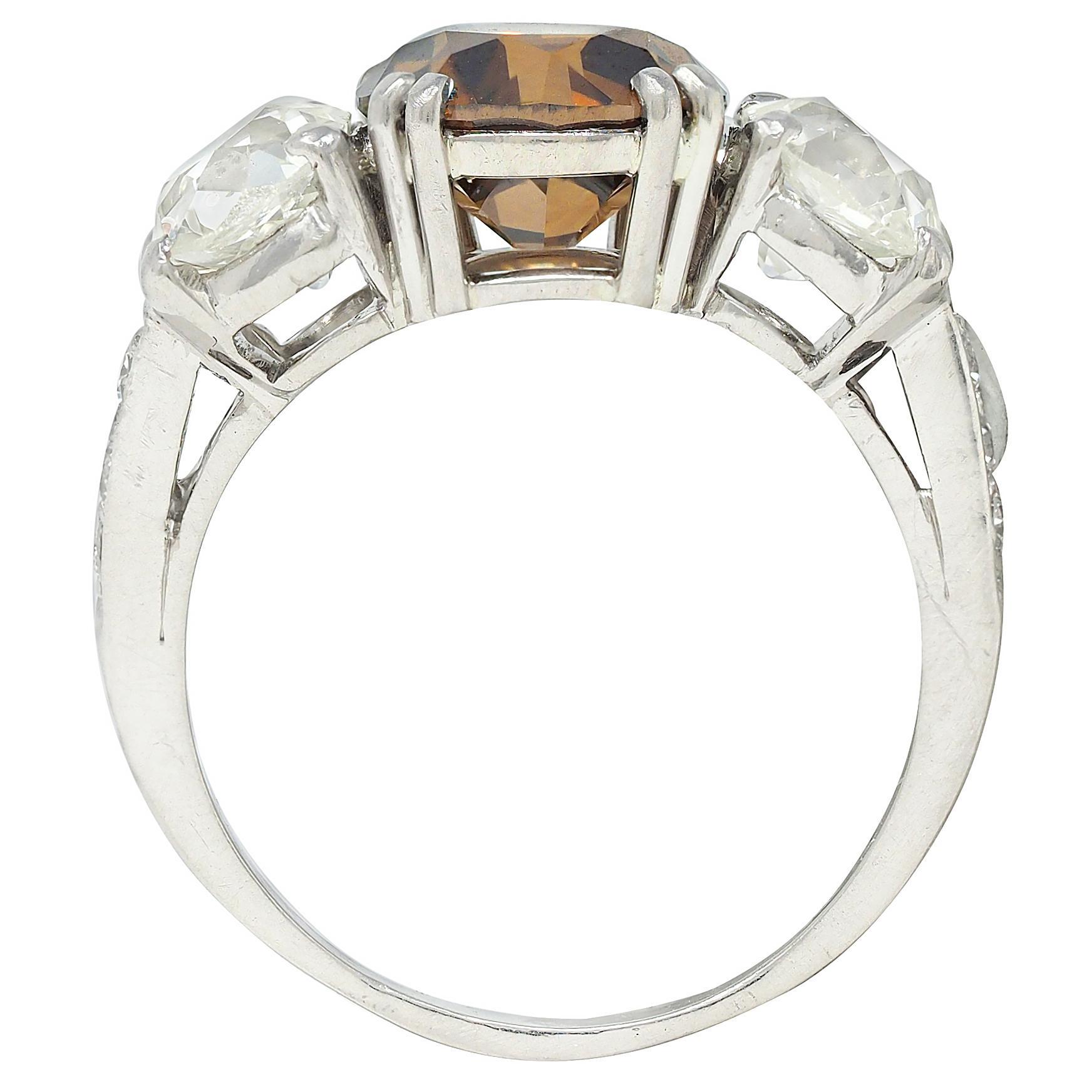 Mid-Century 4.25 CTW Fancy Orangy Brown Diamond Platinum Vintage Engagement Ring For Sale 3