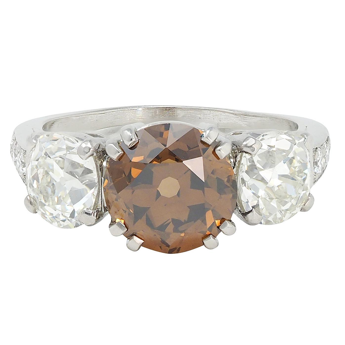 Mid-Century 4.25 CTW Fancy Orangy Brown Diamond Platinum Vintage Engagement Ring For Sale