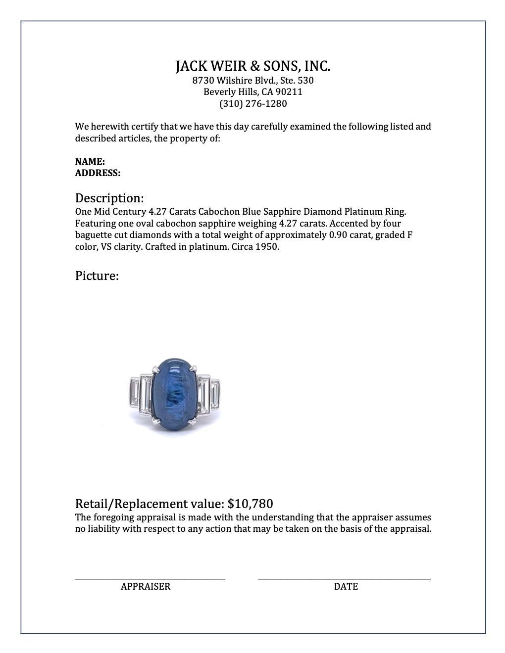Mid Century 4.27 Carats Cabochon Blue Sapphire Diamond Platinum Ring 4