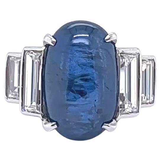 Mid Century 4.27 Carats Cabochon Blue Sapphire Diamond Platinum Ring