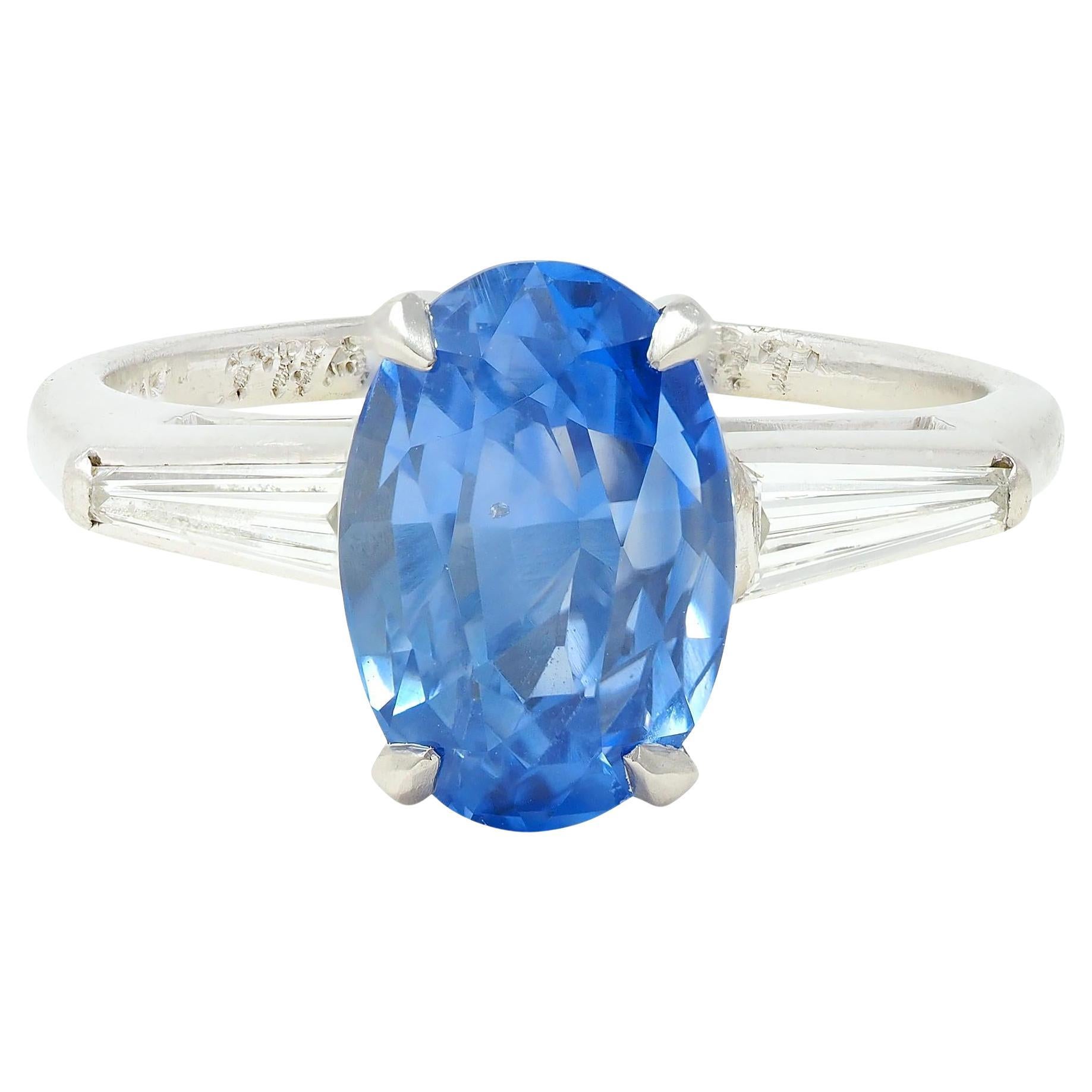 Mid-Century 4.29 CTW No Heat Ceylon Sapphire Diamond Platinum Vintage Ring GIA