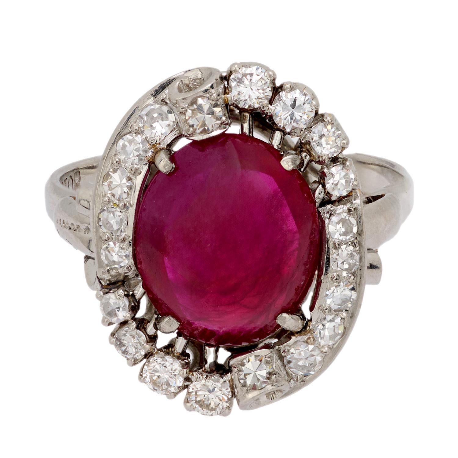 Modern Mid Century 4.30 carat cabochon cut Burma ruby diamond platinum ring For Sale