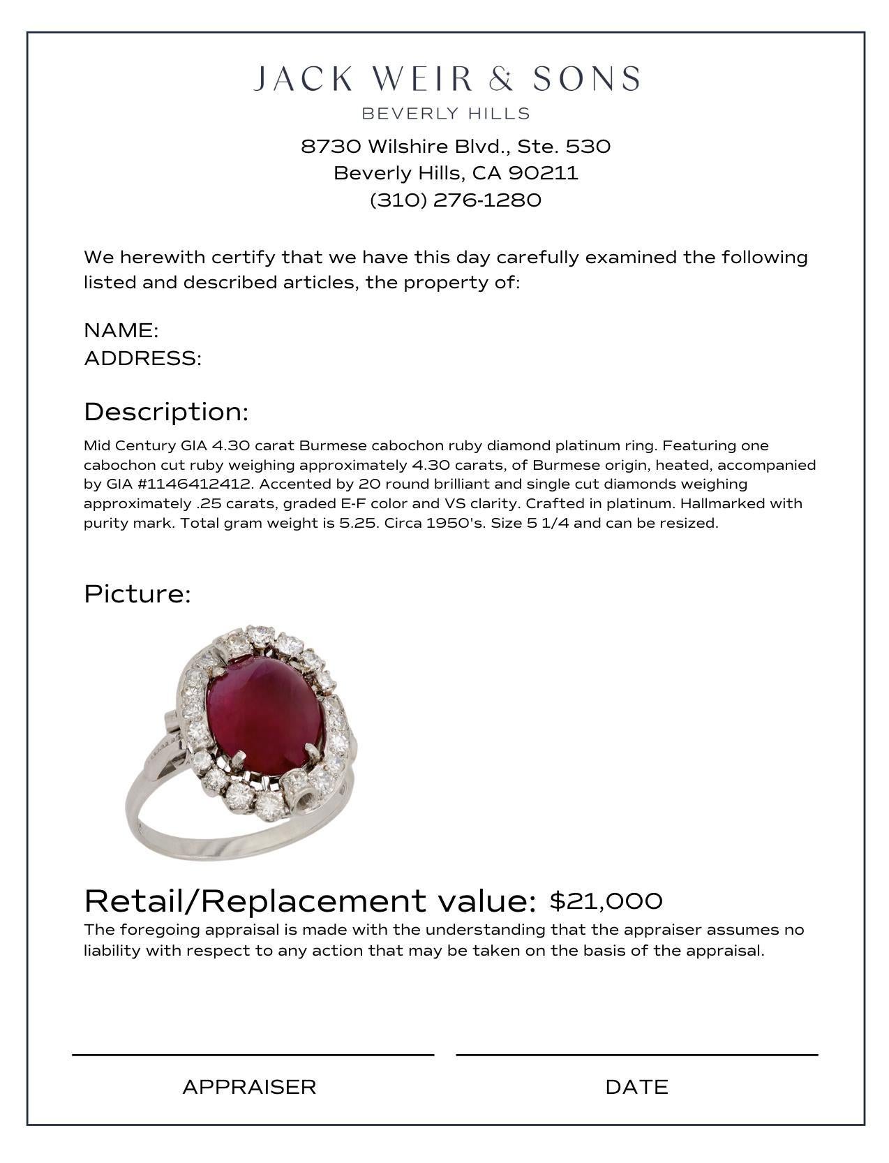 Women's Mid Century 4.30 carat cabochon cut Burma ruby diamond platinum ring For Sale
