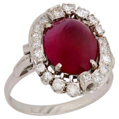 Mid Century 4.30 carat cabochon cut Burma ruby diamond platinum ring