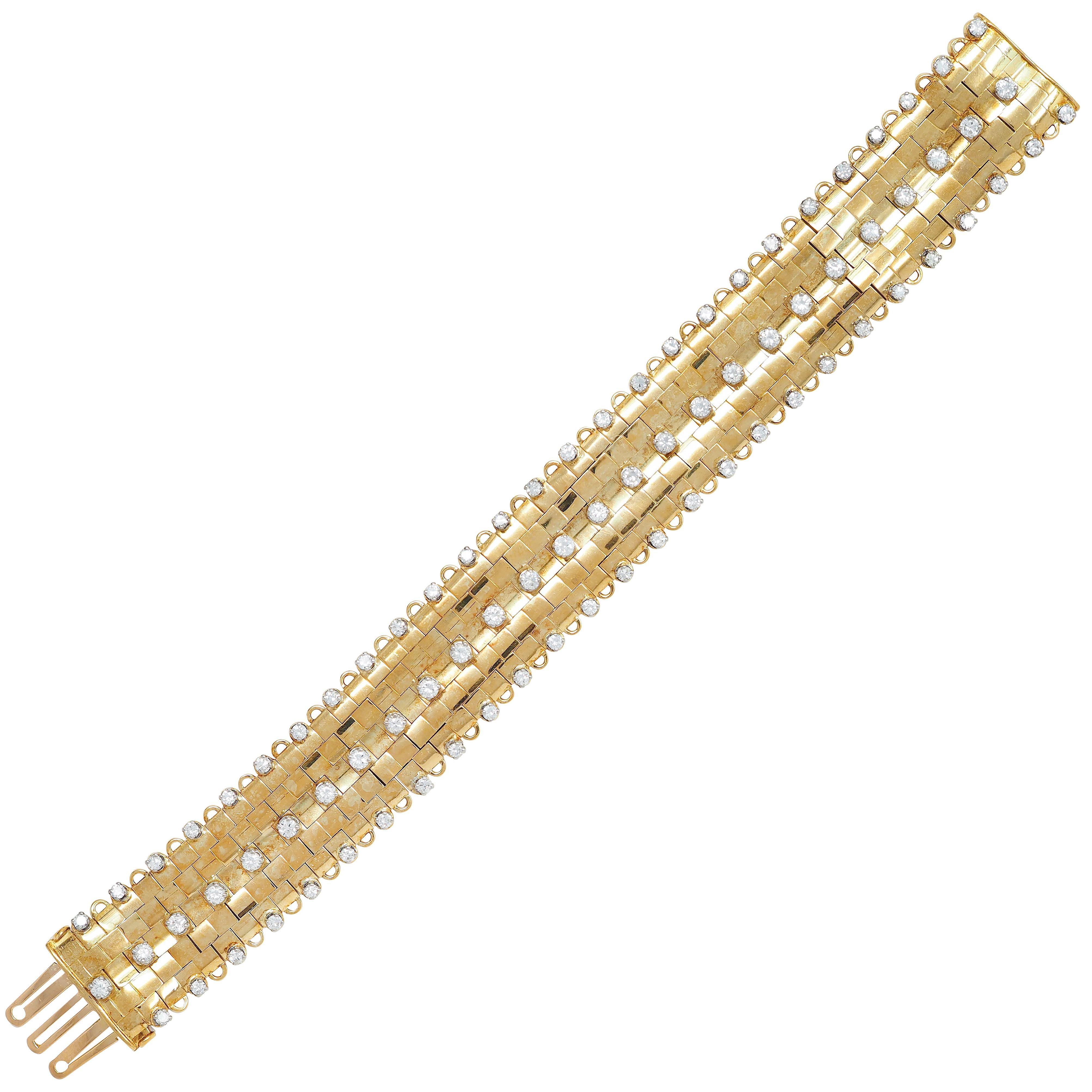 Taglio rotondo Bracciale a maglie Panther d'epoca con diamanti 4,32 CTW in platino e oro 18 carati in vendita
