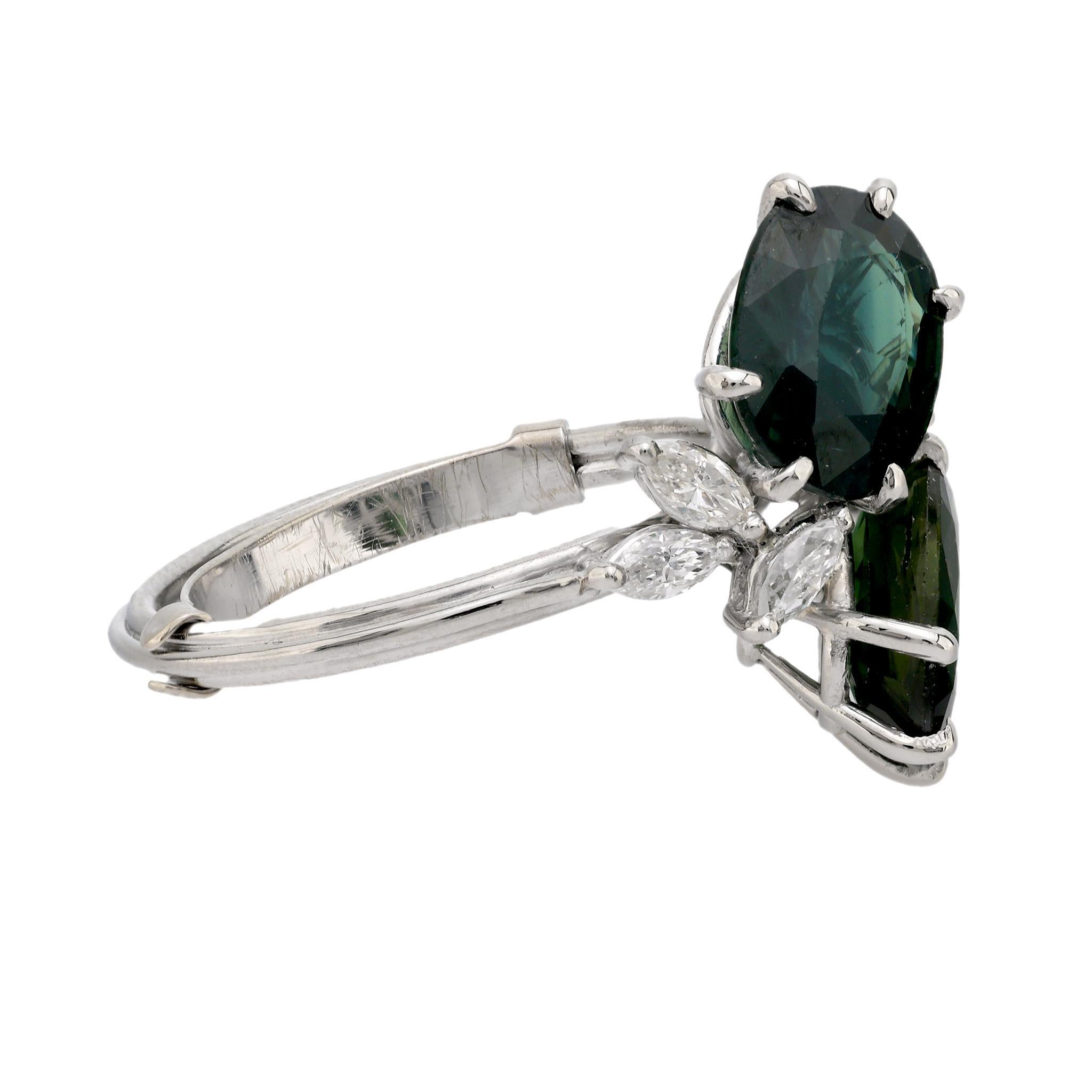Modern Mid Century 4.34 carat green sapphire platinum toi et moi ring