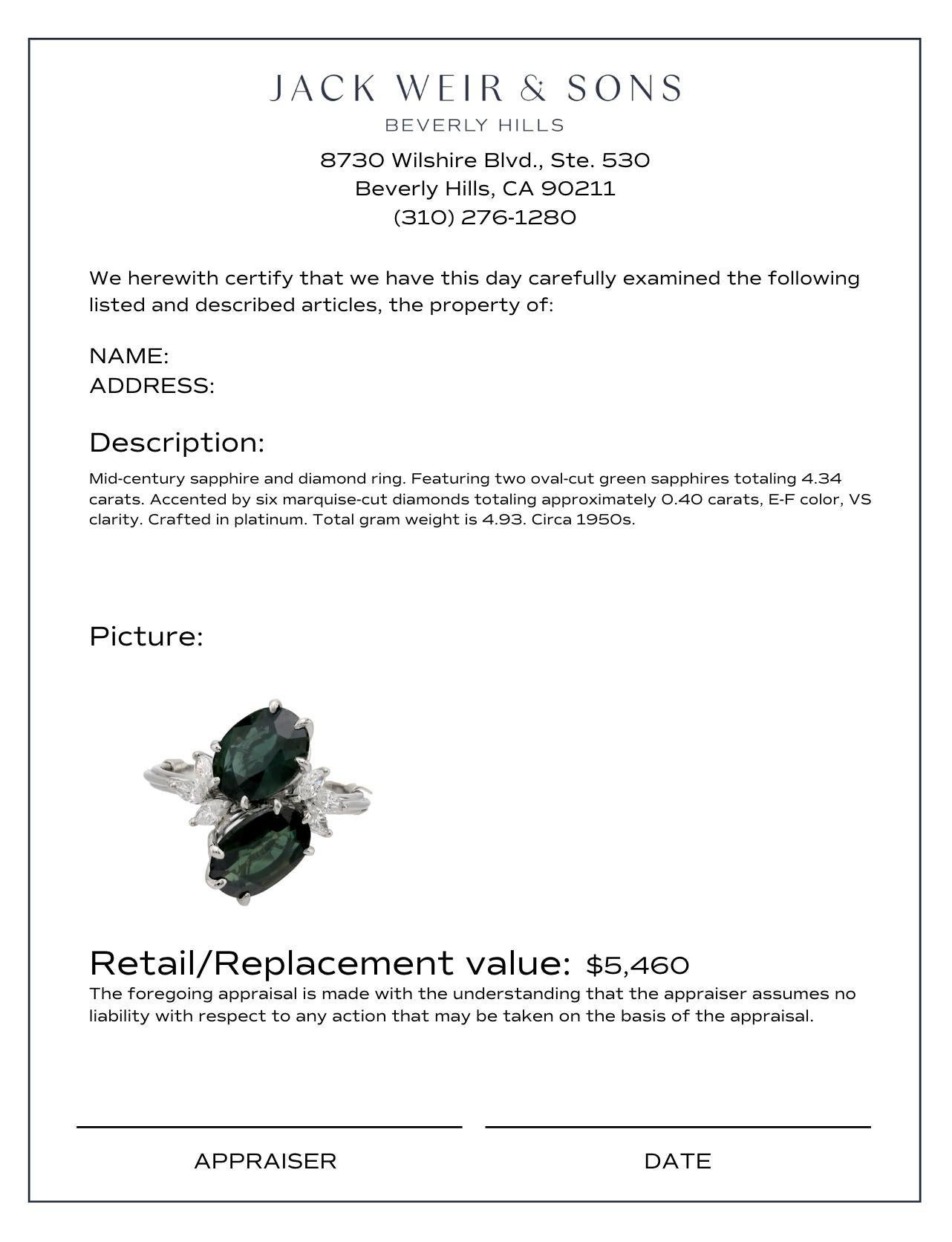Mid Century 4.34 carat green sapphire platinum toi et moi ring In Excellent Condition For Sale In Beverly Hills, CA