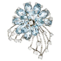 Midcentury 4.42 Carats Aquamarine Diamond 14 Karat Gold Floral Pendant Brooch