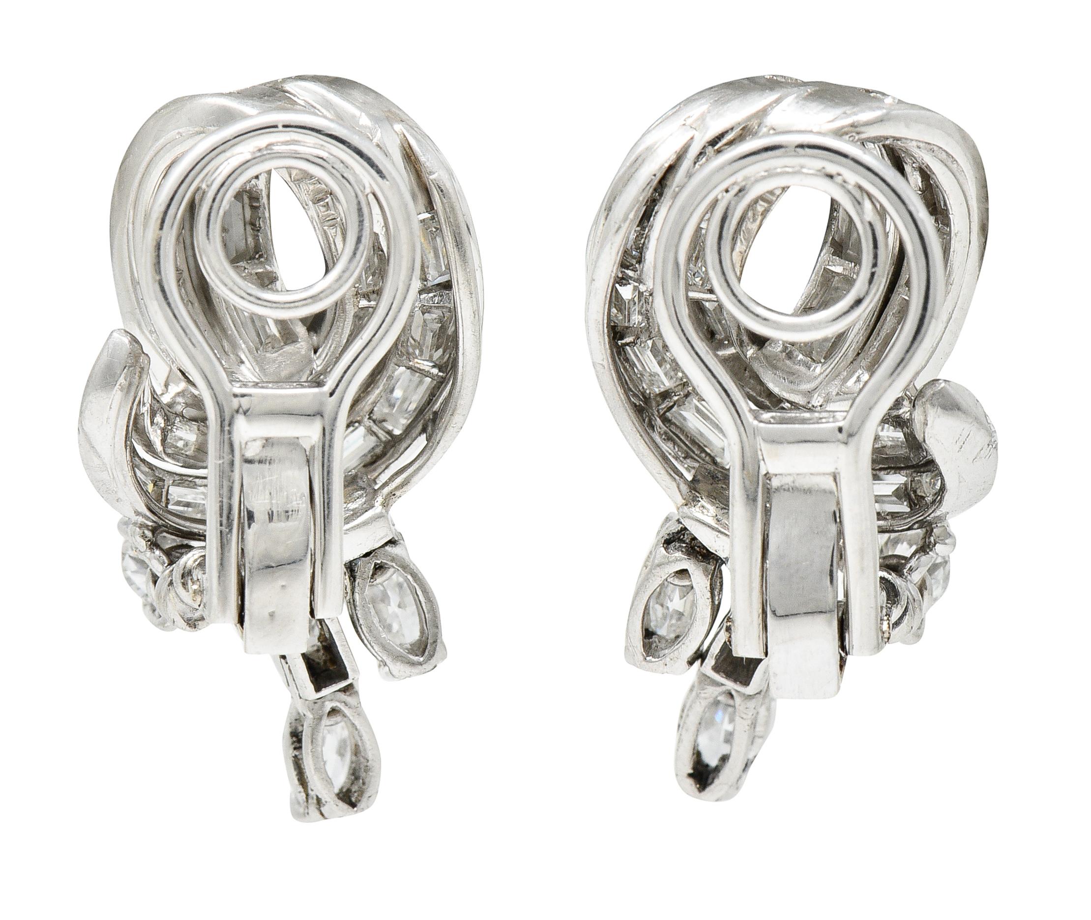 Baguette Cut Mid-Century 4.50 Carats Diamond Platinum Scrolling Ear-Clip Earrings