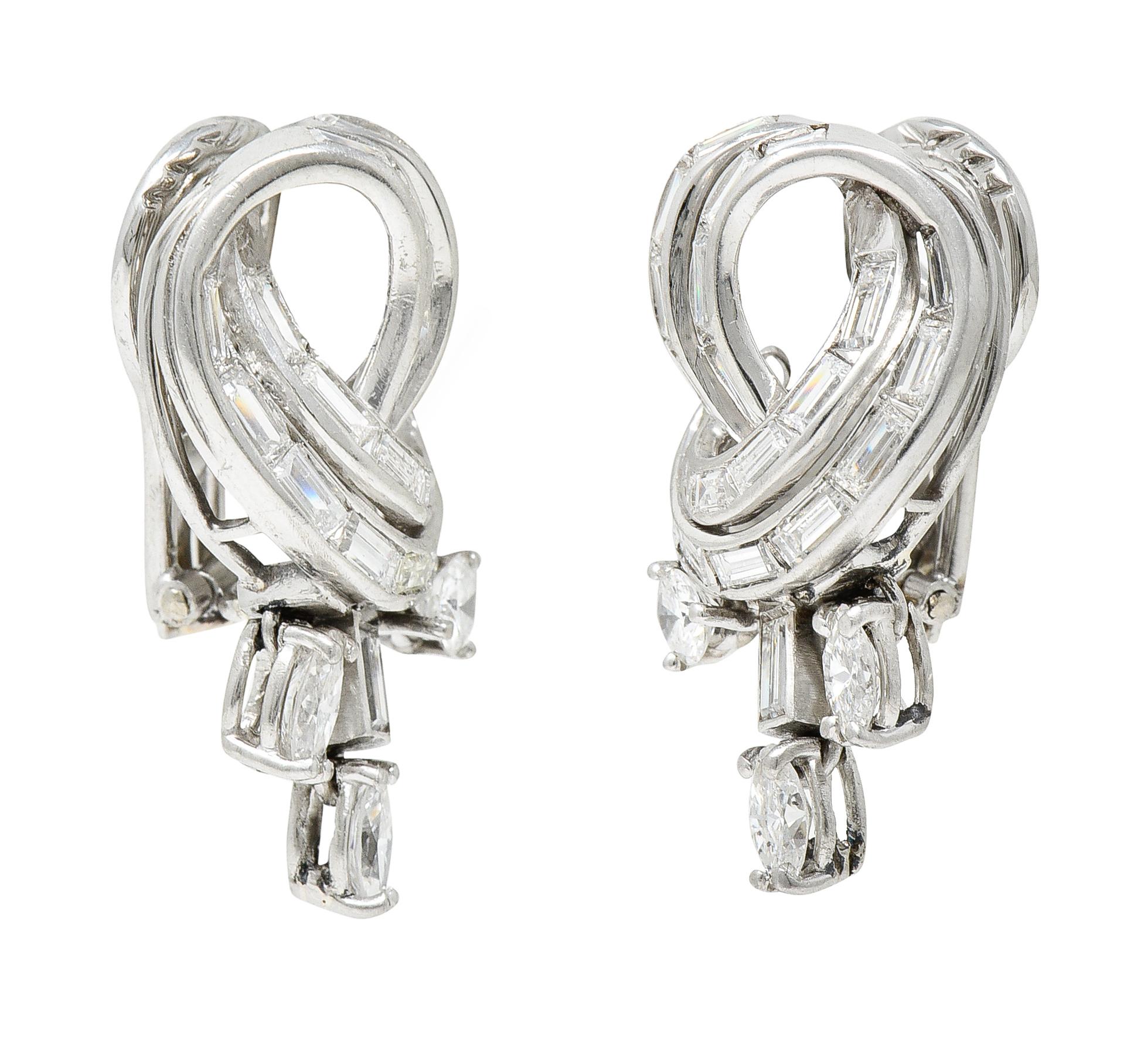Mid-Century 4.50 Carats Diamond Platinum Scrolling Ear-Clip Earrings 2