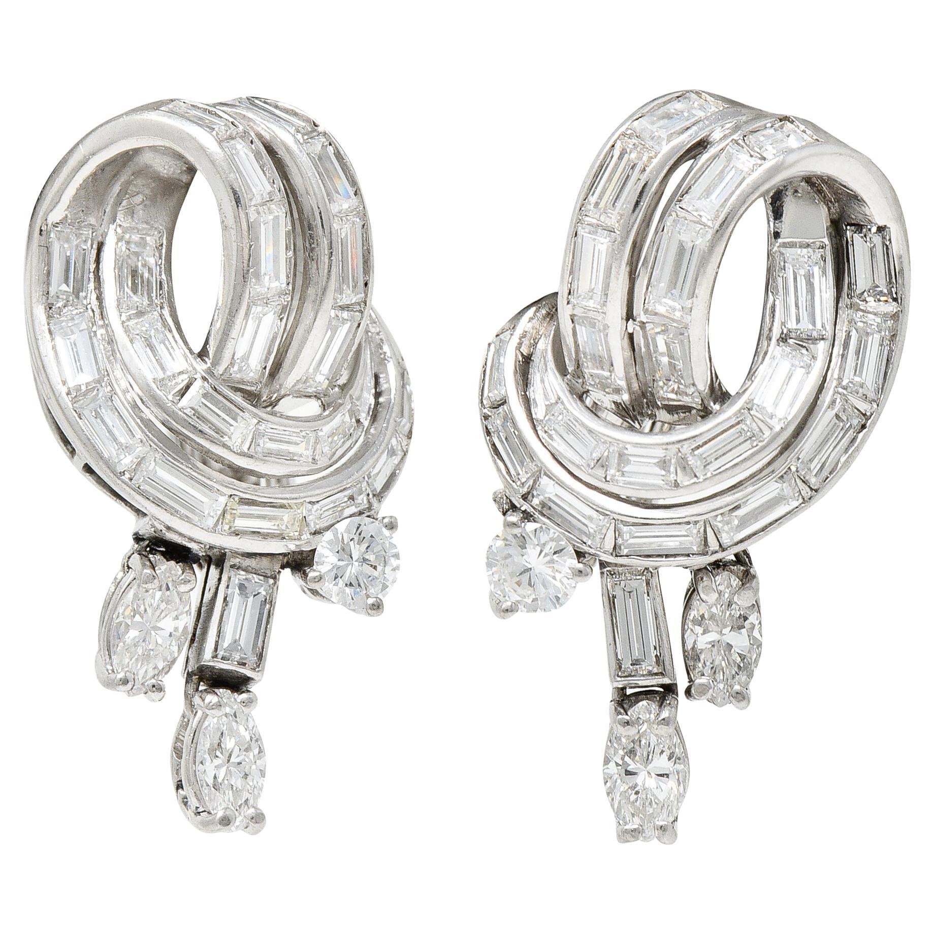 Mid-Century 4.50 Carats Diamond Platinum Scrolling Ear-Clip Earrings