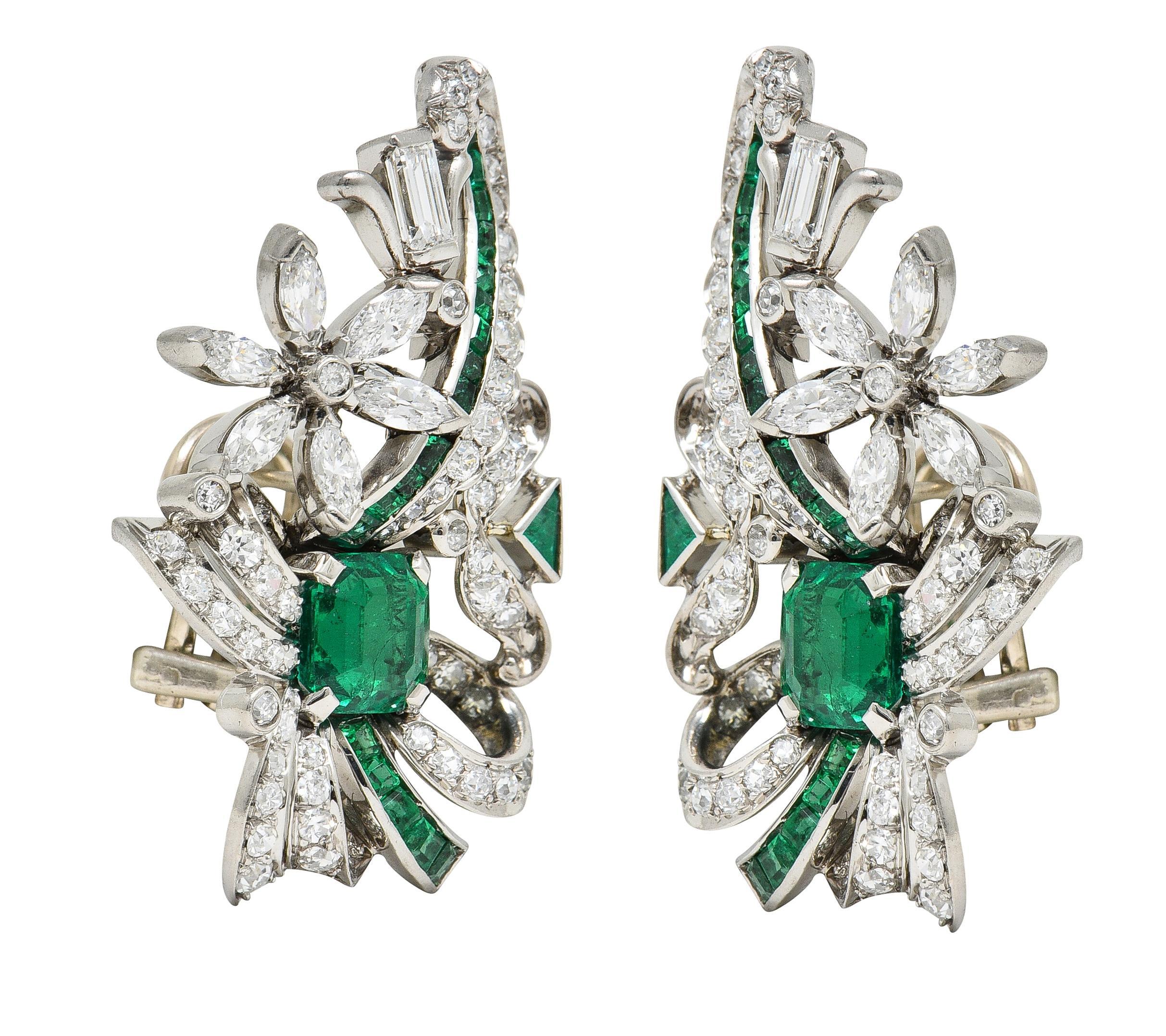 Mid-Century 4.54 Carat Emerald Diamond 14 Karat White Gold Vintage Earrings For Sale 3