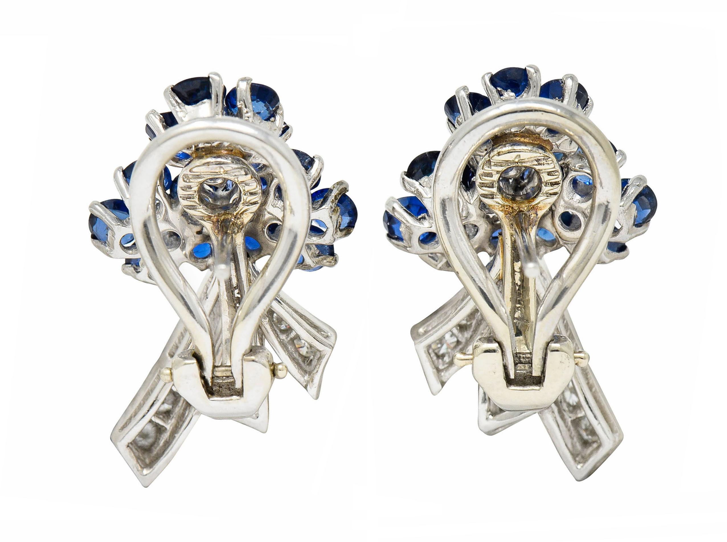 Brilliant Cut Mid-Century 4.55 Carats Sapphire Diamond Platinum Bouquet Earrings, Circa 1950