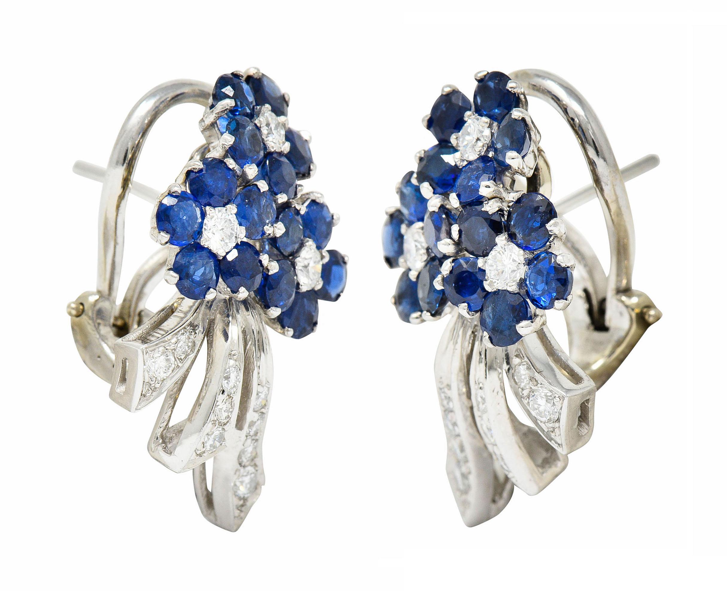 Mid-Century 4.55 Carats Sapphire Diamond Platinum Bouquet Earrings, Circa 1950 In Excellent Condition In Philadelphia, PA