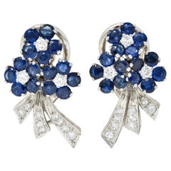Mid-Century 4.55 Carats Sapphire Diamond Platinum Bouquet Earrings, Circa 1950 Mid-Century 4.55 Carats Sapphire Diamond Platinum Bouquet Earrings, Circa 1950