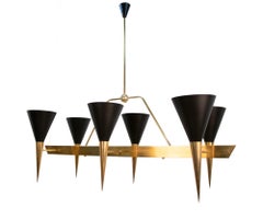 Mid Century 47" Cone Brass Chandelier in the manner of Stilnovo, Italy, 1950s