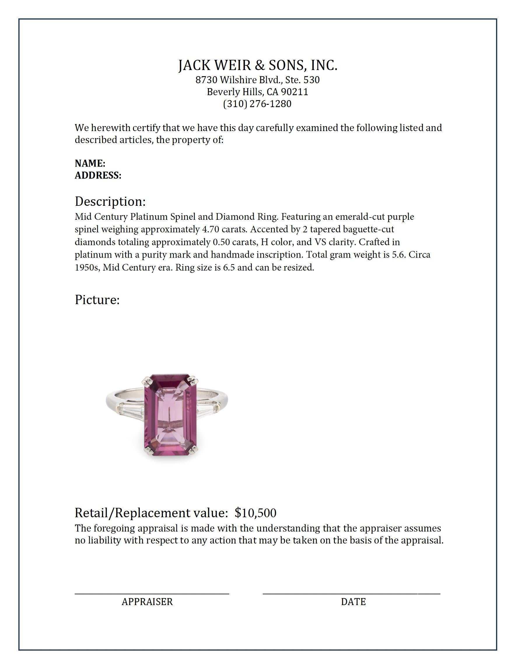 Mid Century 4.70 carat spinel diamond platinum ring In Excellent Condition In Beverly Hills, CA