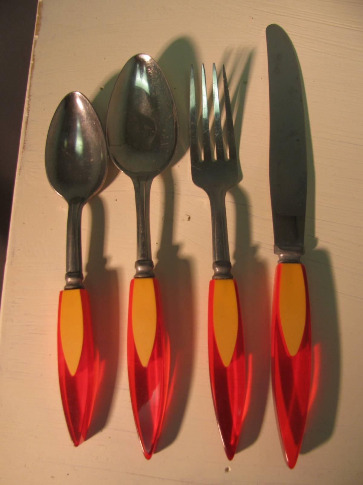 Mid-Century Modern Midcentury 48 Piece Set of Flame Two Color Bakelite Flatware Service for 12
