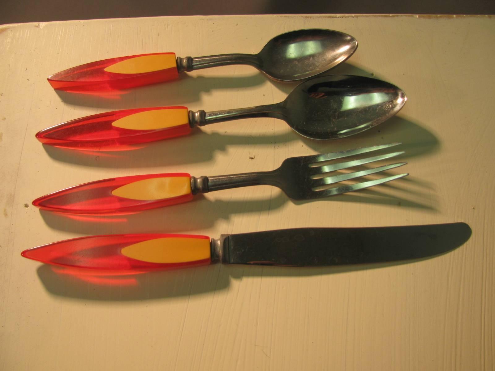 American Midcentury 48 Piece Set of Flame Two Color Bakelite Flatware Service for 12