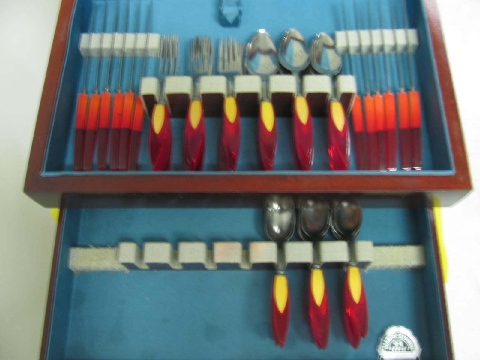 Polished Midcentury 48 Piece Set of Flame Two Color Bakelite Flatware Service for 12