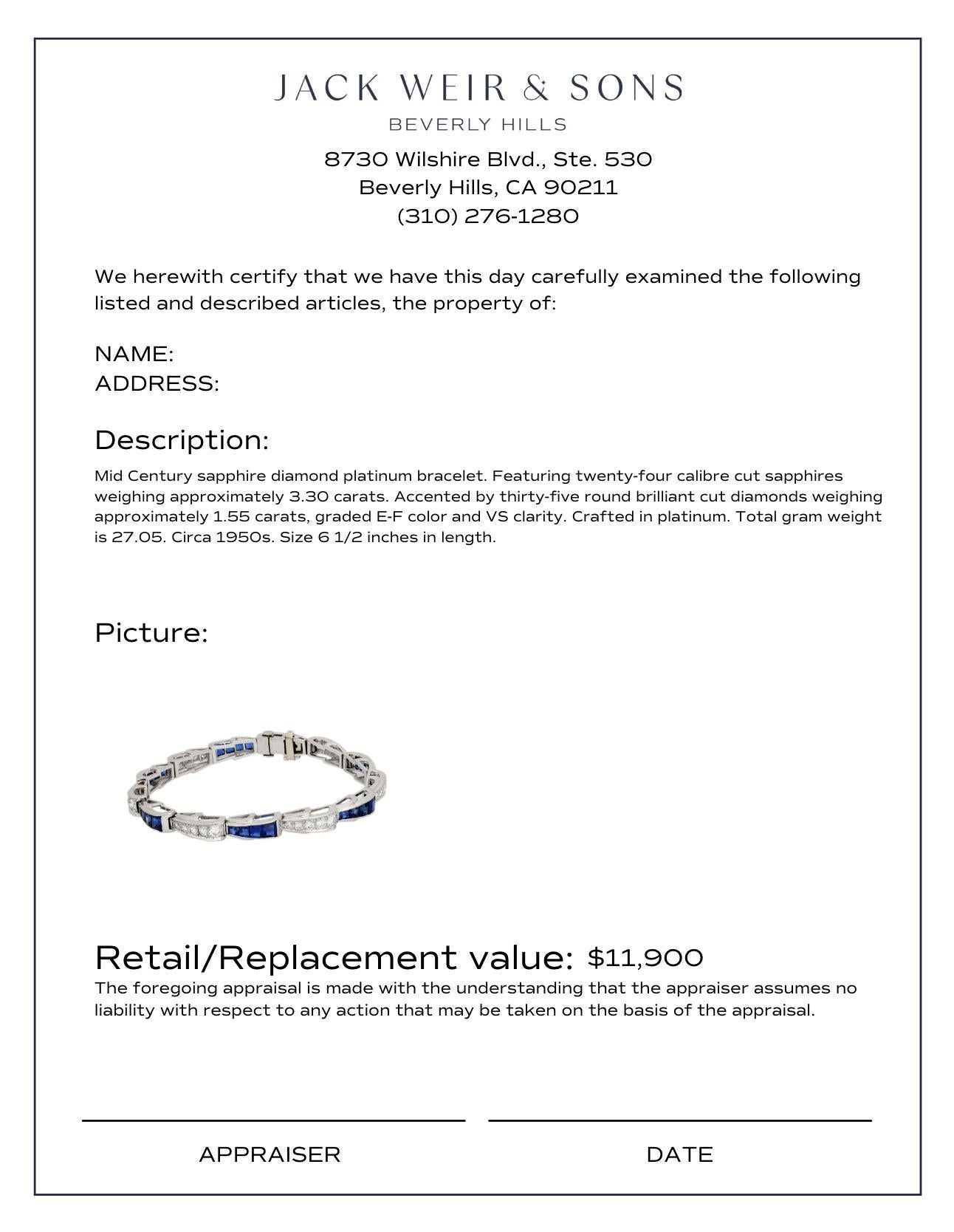 Moderne Bracelet en platine avec saphirs et diamants de 4,85 carats, milieu du siècle dernier en vente
