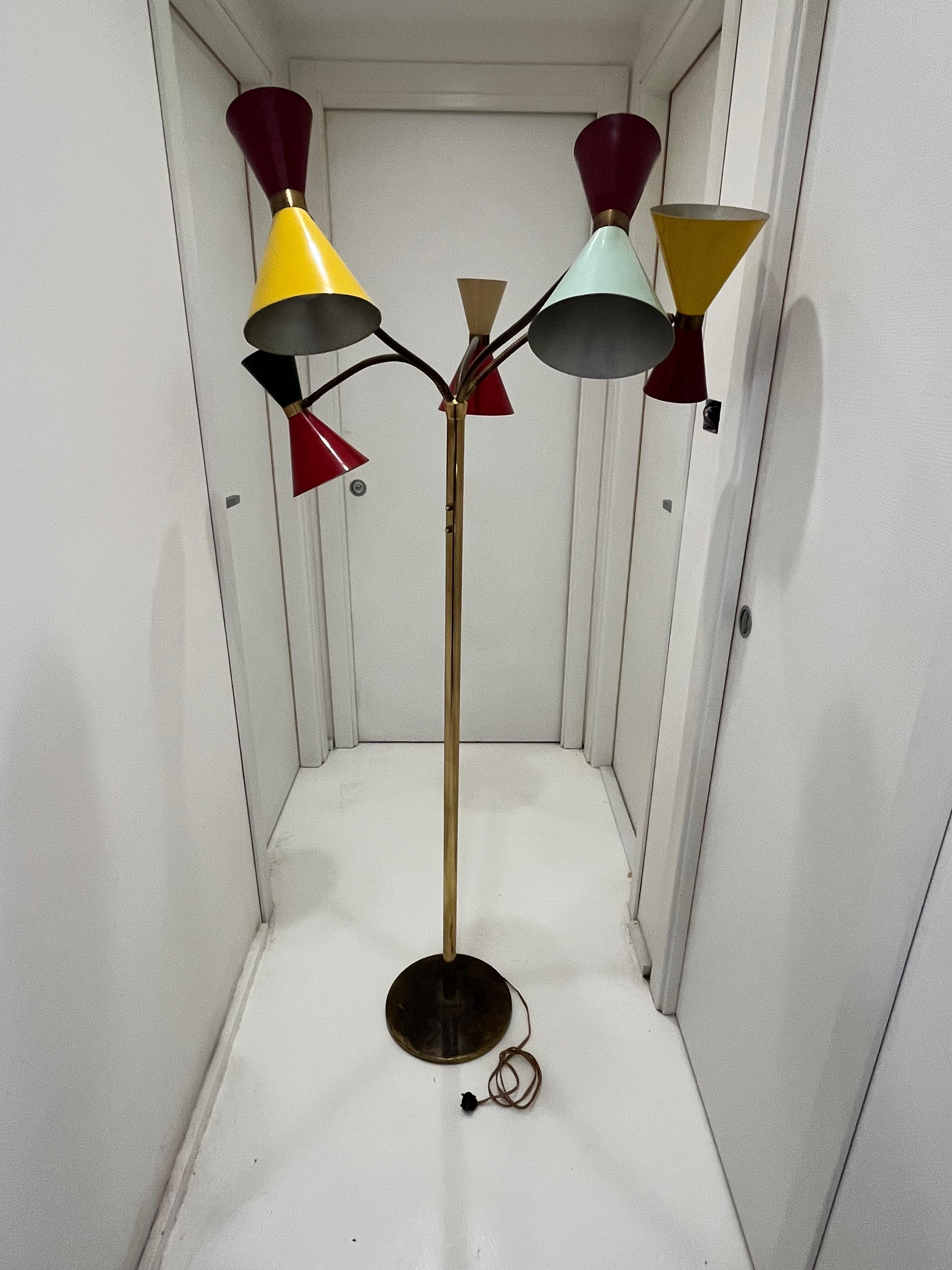Italian Mid-Century 5-Arm 10 Light Brass Floor Lamp Stilnovo, 1950s For Sale