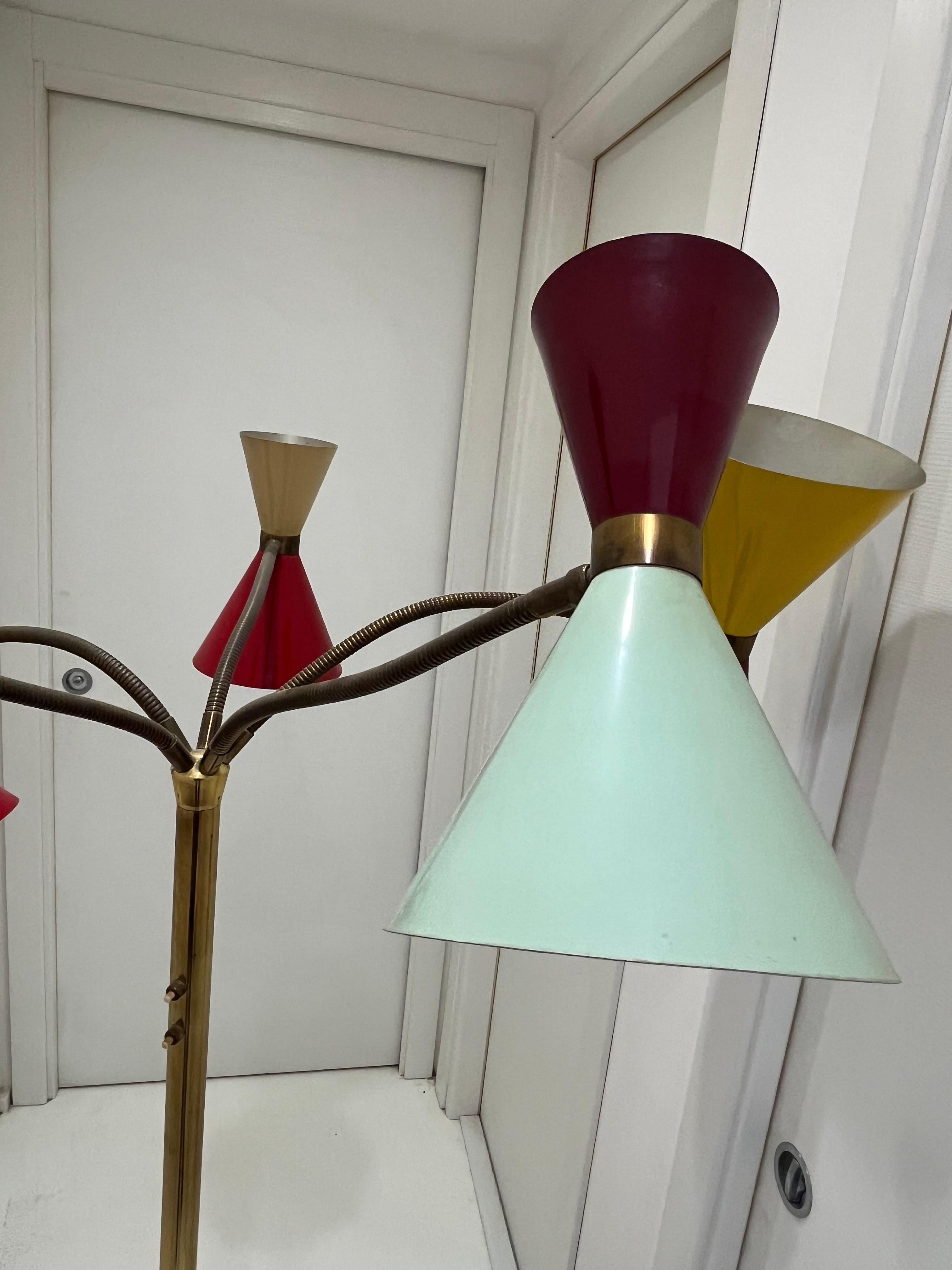Mid-Century 5-Arm 10 Light Brass Floor Lamp Stilnovo, 1950s In Good Condition For Sale In Palermo, IT