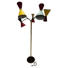 Lampada da terra in ottone a 5 bracci e 10 luci di metà secolo Stilnovo, anni '50