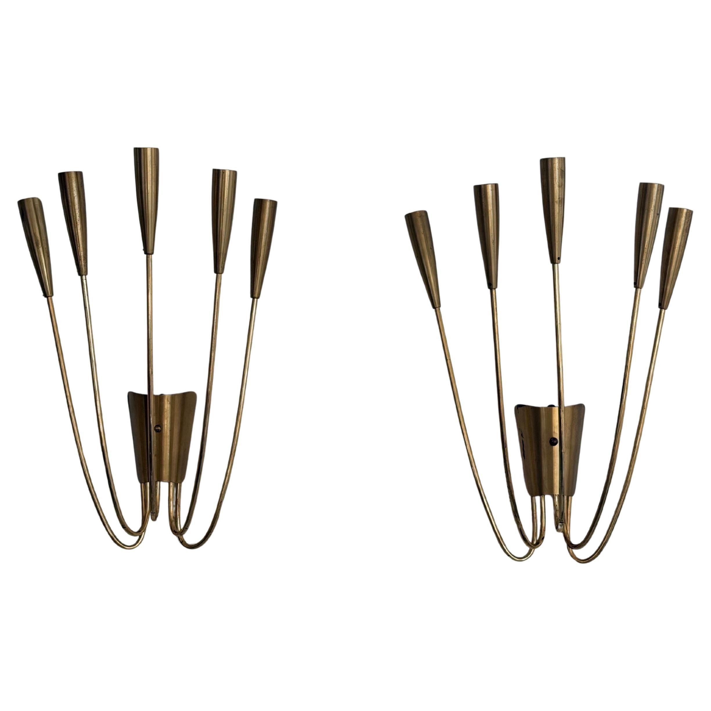 Mid-Century 5-armed Brass Large Pair of Cinema Sconces, 1950s, Italy