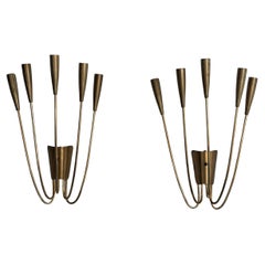 Mid-Century 5-armed Brass Large Pair of Cinema Sconces, 1950s, Italy
