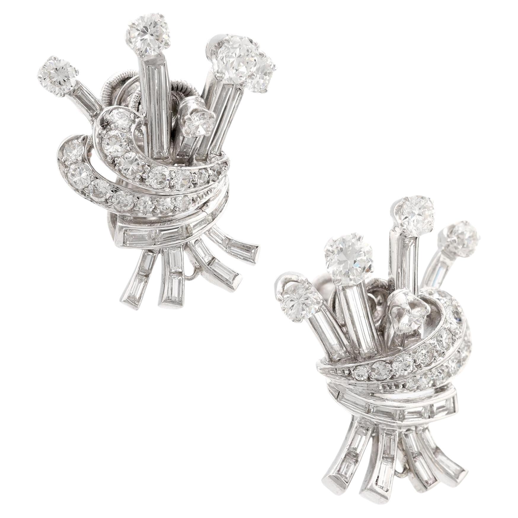 Mid Century 5 carat total weight diamond platinum earrings