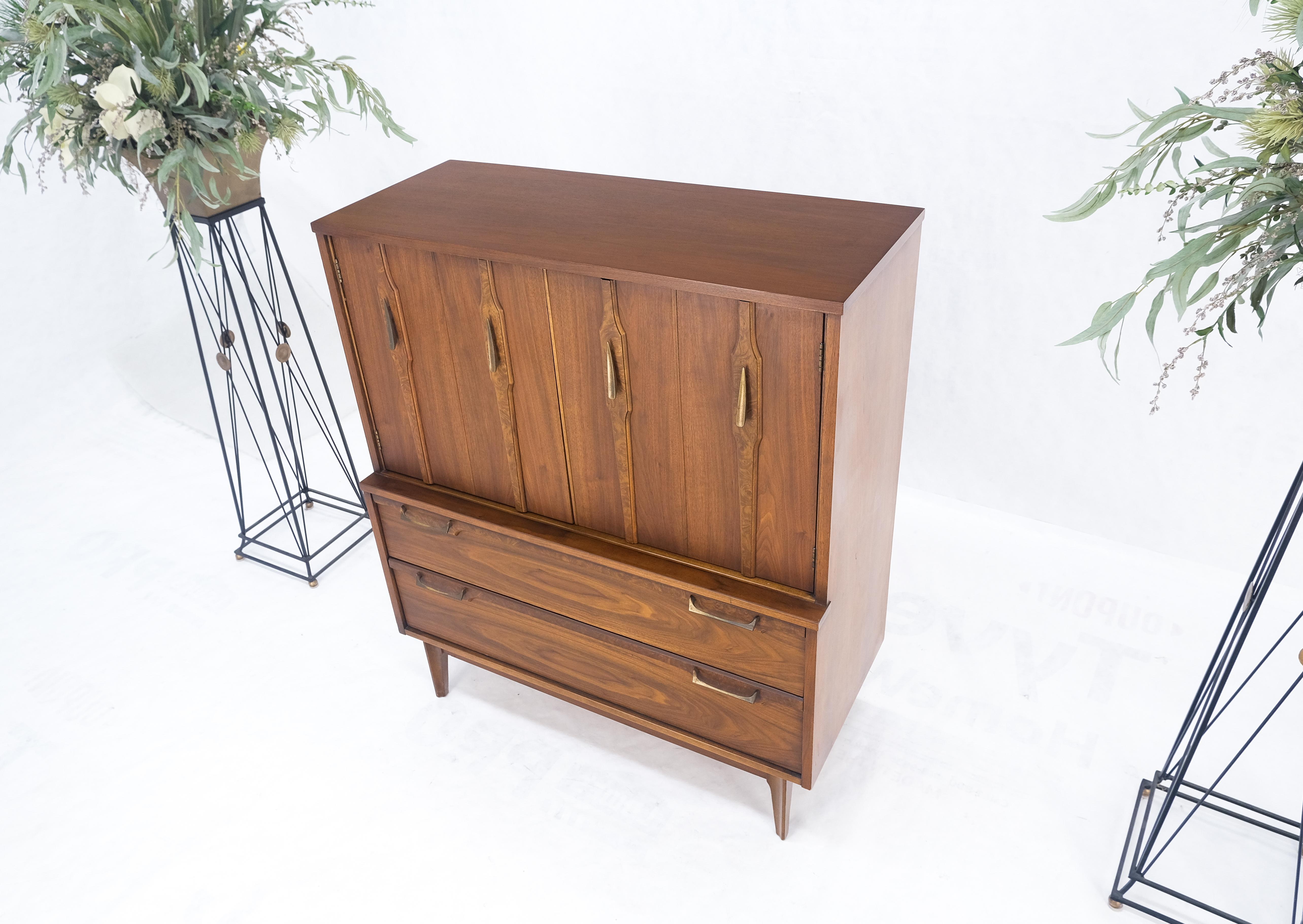 Lacquered Mid Century 5 Drawer Double Door Compartment Walnut Tall High Chest Dresser MINT For Sale